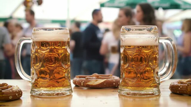 Oktoberfest Cheers - Frothy Beer Mugs and Pretzels in Festive Crowd.