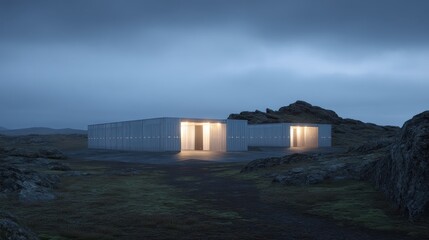 Fototapeta premium Modern Architectural Structure in Remote Landscape at Dusk