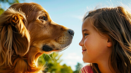 Little girl and puppy sharing a loving moment in a sunlit outdoor setting