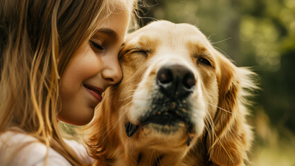 Little girl and puppy sharing a loving moment in a sunlit outdoor setting