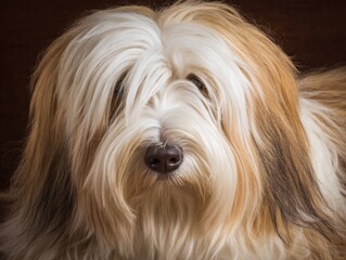 terrier. Close-up portrait of a Tibetan terrier with fluffy fur and soft natural lighting. wildlife magazines, conservation campaigns, designed for eco-tourism storytelling, celebrates biodiversity.