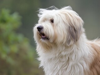 terrier. Close-up portrait of a Tibetan terrier with fluffy fur and soft natural lighting. wildlife magazines, conservation campaigns, designed for eco-tourism storytelling, celebrates biodiversity.