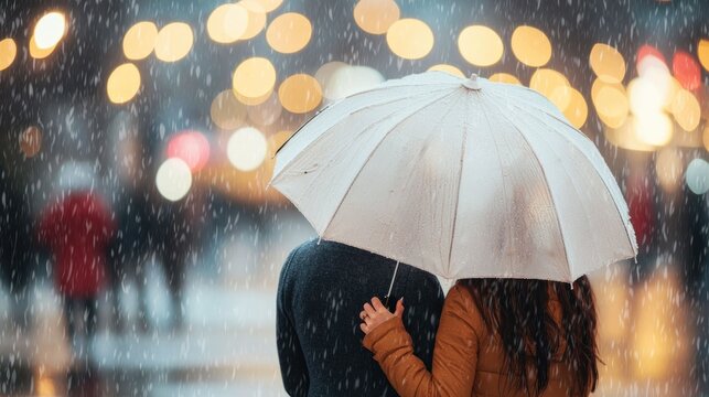 Rainy day cafe date as young couple share an umbrella on a romantic stroll through the city streets offering shelter from the stormy weather and creating a cozy intimate moment together