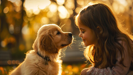 Little girl and puppy sharing a loving moment in a sunlit outdoor setting
