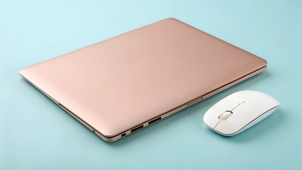 White Wireless Mouse Beside a Rose Gold Laptop on a Light Blue Background.