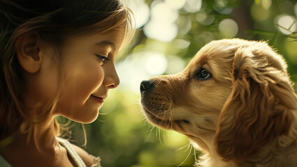 Little girl and puppy sharing a loving moment in a sunlit outdoor setting