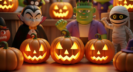 Illuminated jack-o'-lanterns and Halloween figurines create a festive scene, showcasing a spooky yet playful atmosphere perfect for holiday celebrations and digital designs