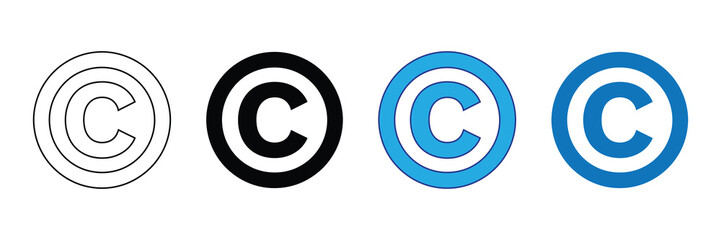 Set of four copyright symbols in different styles and colors, isolated on white background