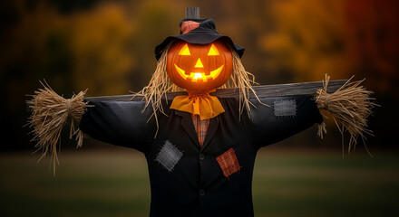 Scarecrow with illuminated pumpkin head, wearing black coat, straw arms, and hat against blurred autumn background, symbolizing Halloween, autumn, and harvest festival