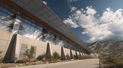 Modern Architectural Structure with Glass Panels and Mountain Background
