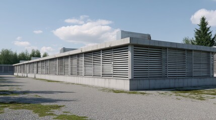 Obraz premium Modern Architectural Structure with Horizontal Slats and Greenery