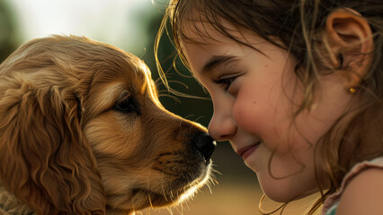 Little girl and puppy sharing a loving moment in a sunlit outdoor setting