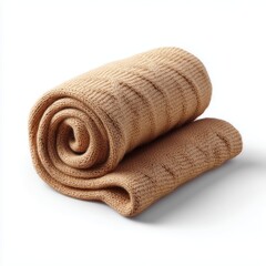Cozy knitted wool scarf rolled neatly in soft beige home setting lifestyle photography warm atmosphere close-up view
