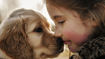 Little girl and puppy sharing a loving moment in a sunlit outdoor setting