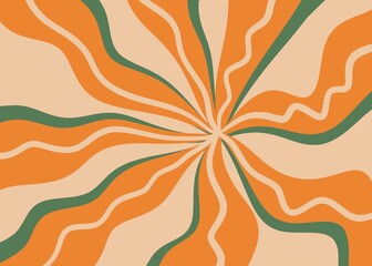 Hand drawn swirl groovy starbust illustration background. Mid century modern orange green vintage retro wallpaper backdrop, 60s 70s decorative geometric lines rays star sunburst, stylish explosion