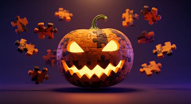 Halloween Pumpkin Puzzle with Glowing Eyes and Floating Puzzle Pieces.