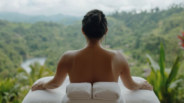Woman relaxing and receiving a calming therapeutic stone massage in a serene lush tropical spa environment  The spa treatment promotes wellness self care and a tranquil holistic experience