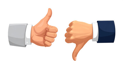 Illustrated hands showing thumbs-up and thumbs-down gestures, symbolizing contrasting opinions, feedback, and formal evaluation.