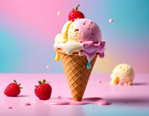 Colorful Ice Cream Cone with Dripping Sauce and Fresh Berries