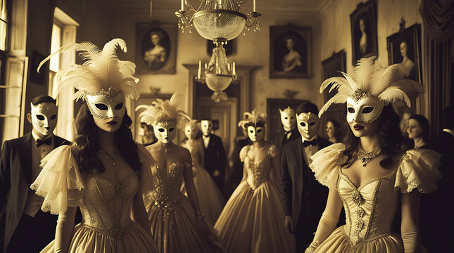 Crowd of Masked People Attending a Mysterious and Elegant Masquerade Ball in a Grand Setting