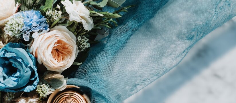 Close-up of a bridal bouquet featuring peach and blue flowers nestled on teal fabric, creating a soft, romantic aesthetic with copy space