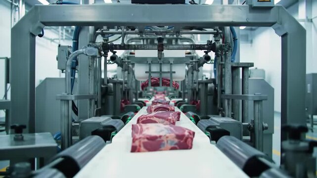 Factory conveyor belt moves beef cuts; automated processing; industrial food production
