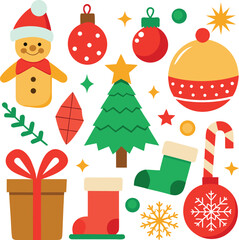 Fototapeta premium Vector art of a collection of festive christmas icons including a gingerbread man, christmas tree, ornaments, gift box, candy cane, and stocking, all isolated on a