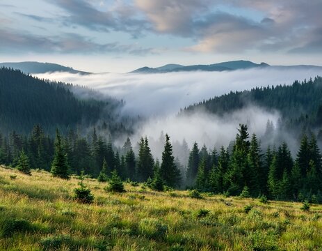 ukraine zakarpattia region rakhiv district carpathians chornohora fog over forest on mountain petros