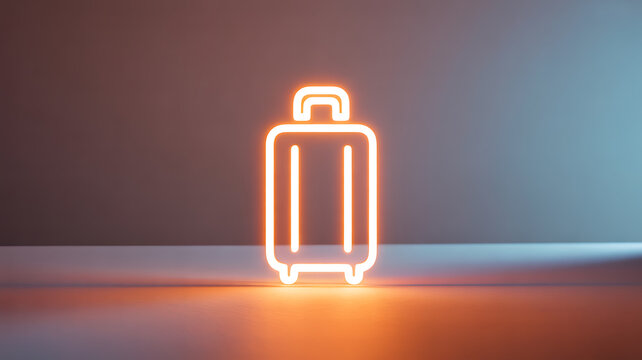 Neon outline of a suitcase glowing on a surface with gradient background