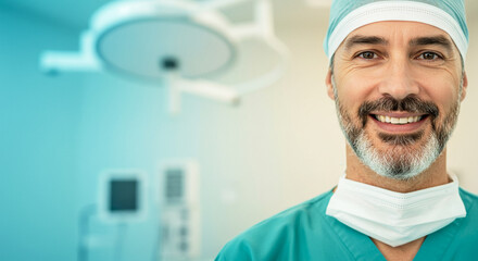 Smiling male surgeon in operating room, healthcare professional in hospital surgery environment