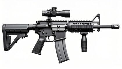 Modern AR-15 style assault rifle with scope, foregrip, and telescoping stock on neutral background.