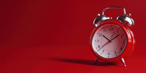 The vintage alarm clock with red accents against a bold background.