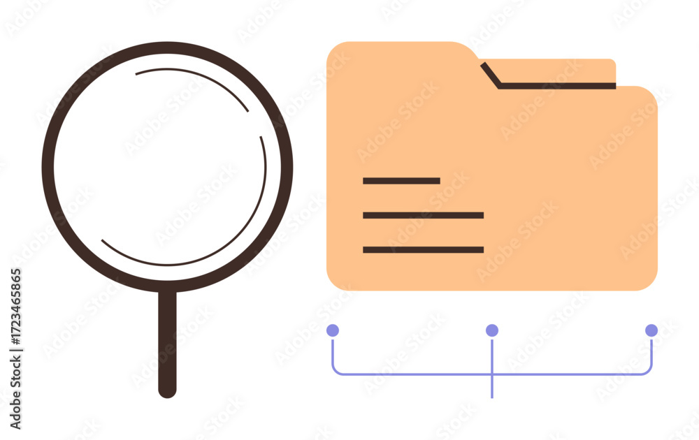 Aufkleber magnifying glass beside a file folder connected by lines represents analysis, research, document man