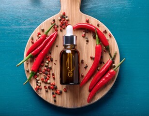 chili pepper oil in dropper bottle surrounded by red chilies and peppercorns on wooden board