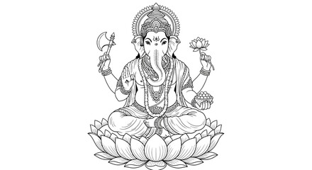 Lord Ganesha on Lotus Flower Black and White Illustration Spiritual Art