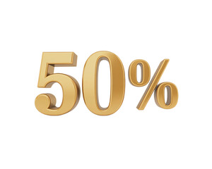 Golden fifty percent symbol isolated on black background for sale or discount promotion design on transparent background