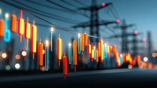 Energy Investment Chart: Vibrant candlestick chart indicating market trends, overlayed on power lines. A visual representation of financial analysis in the energy sector. - Powered by Adobe