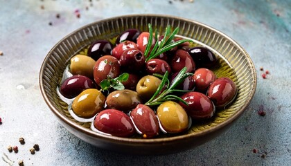 a bowl of marinated olives a variety of red and green olives are bathed in oil and garnished with fresh herbs