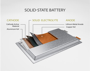 Layered breakdown of a solid-state battery showing cathode, solid electrolyte, and lithium-metal anode.