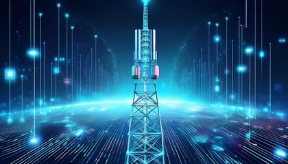 futuristic 5g cell tower surrounded by digital network nodes and data streams