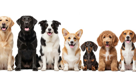 Seven dogs of different breeds sit in a row against a white background, showcasing variety in dog breeds and their fur textures, ideal for pet websites or veterinary clinics