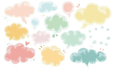 A collection of pastel-colored cloud-shaped speech bubbles, each with a unique texture and design, scattered across a white background.  They are playfully decorated with small details