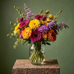 Title:
Vibrant mixed flower bouquet in a clear glass vase on patterned wooden stand with olive green background