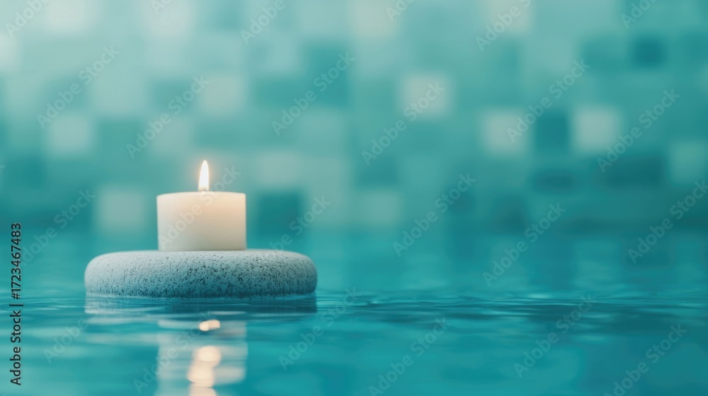 Poster Peaceful and tranquil scene featuring a single burning candle floating on the still water surface creating a calming and serene atmosphere in a luxury spa environment