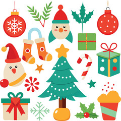 Vector art of a vibrant assortment of christmas elements featuring snowmen, decorated trees, hanging baubles, festive socks, and wrapped presents, all presented on a clean