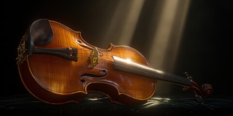 Fototapeta premium The beautifully crafted violin illuminated by soft, dramatic lighting in a dark setting.