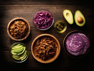 taco. Vibrant taco ingredients arranged in a circular pattern on a rustic board, showcasing fresh and colorful components. menu design.