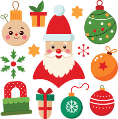Fototapeta premium Vector art of collection of cute cartoon christmas ornaments and decorations including santa claus, christmas tree, snowflakes, gift box, and baubles