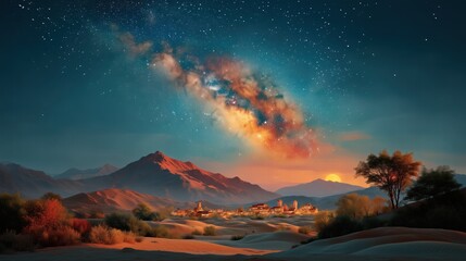 Milky Way over desert village with mountains and trees at night