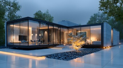 Obraz premium Stunning exterior of a modern, minimalist glass house at dusk, its warm interior lights glowing against a clean white background, showing sleek lines.